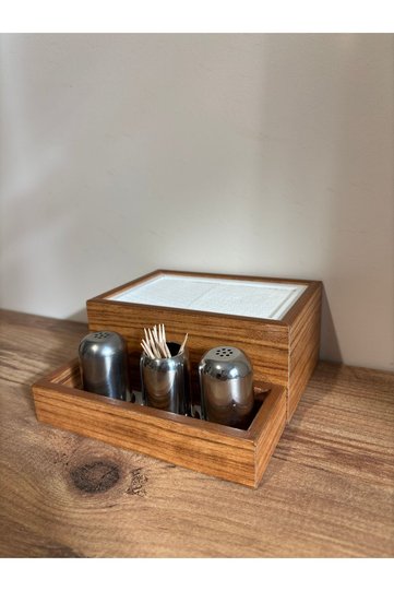 Wooden Napkin Holder with Spice Rack Compartments 12 Pieces Restaurant Dispenser African Walnut [Excluding Spice Racks]