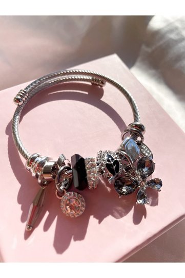 Black Crystal Butterfly Pattern Steel Bracelet - Tarnish and Charm Bracelet I with Special Box