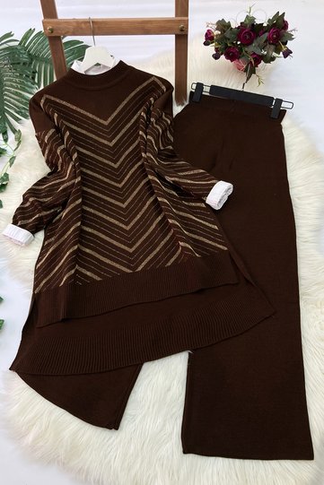 Glittery Knitwear Tunic Trousers Set - Brown