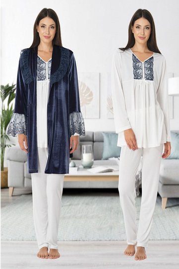 Mayss Collections 8088 Navy Blue Maternity Pajamas Set with Dressing Gown Ecru Color