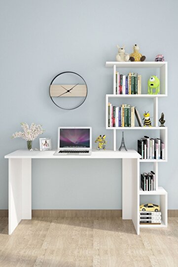 120x45 Helen Zig Zag Kitaplıklı Çalışma Masası Beyaz