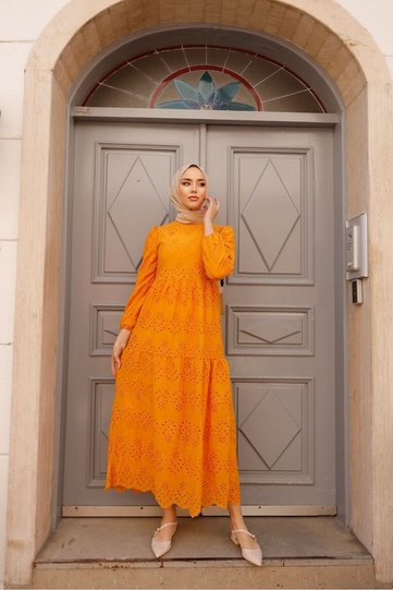 Orange Embroidery Lace Scallop Long Women's Dress