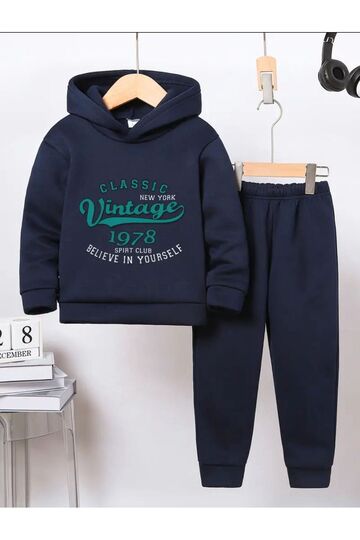 Vintage Printed Navy Blue Children's Tracksuit Set