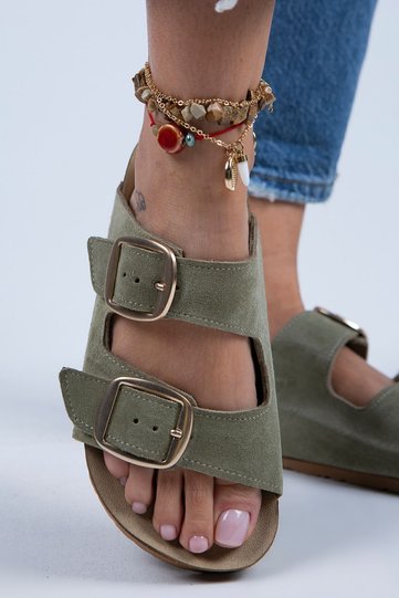 Irene Women's Genuine Leather Double Buckle Water Green - Gold Slippers