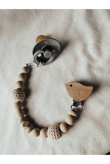 Natural Wooden Baby Pacifier Chain with Bird Detail and Cream Braid Detail
