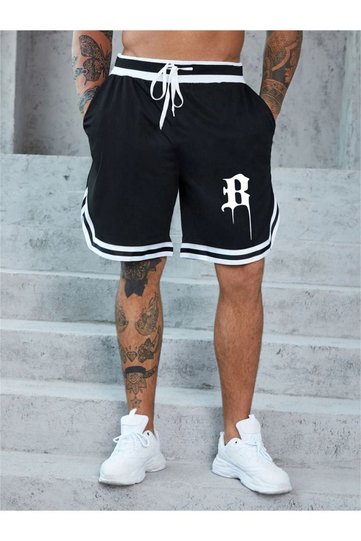 Men's Black B Printed Oversize Striped Shorts