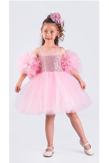 Pompom Sleeve Sequined Tutu Girl's Evening Dress