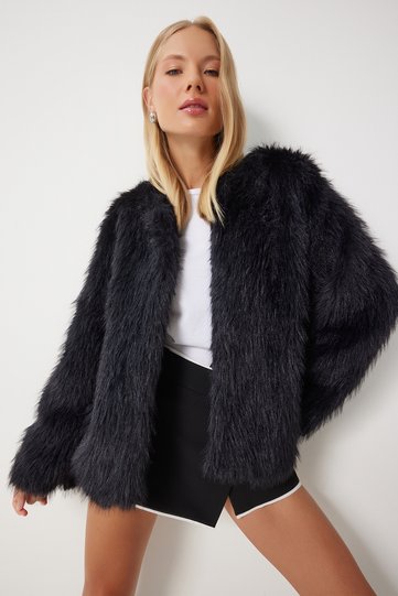 Women's Black Faux Fur Jacket Ul00047