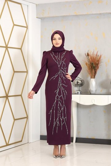 Appliqué Embroidered Pen Tuana Muslim Dress in Plum Color