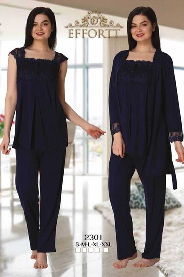 Pregnant Effort Maternity 3-Piece Pajama Set Navy Blue