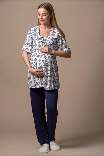 Breastfeeding-Friendly Cotton Maternity Pajama Set – Elastic Waist Effortt - Navy Blue