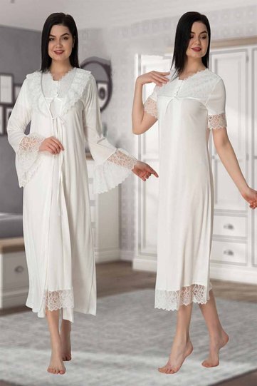 Mayss Collections 5045 Ecru Color Maternity Nightgown Set with Dressing Gown