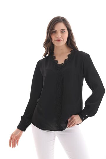 Plus Size - Pleated and Lace Detailed Crepe Blouse