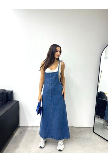 Kn Long Garden Front Pocket Suspender Denim Dress