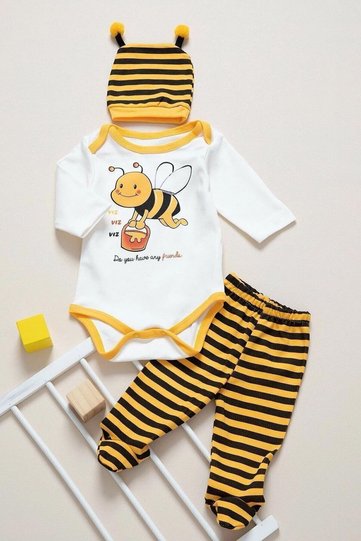 Baby Newborn Boy/Girl Yellow Bee 3-Piece Bodysuit Set