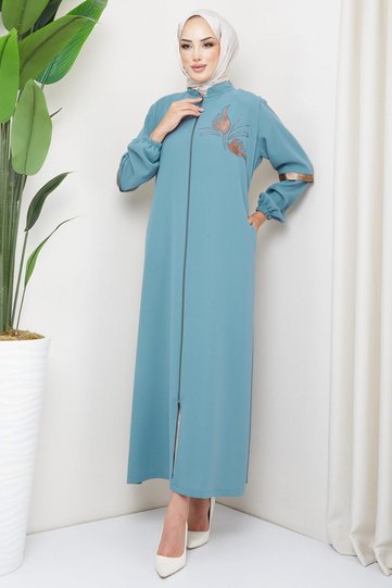 Magnificent Collar Stone Detailed Abaya Mint HM2254