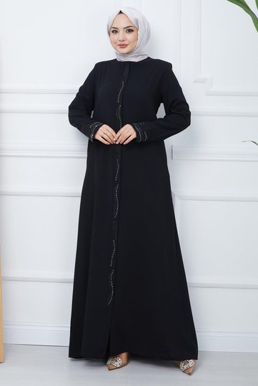Honeycomb Fabric Plus Size Stone-Embellished Abaya Black HM2352