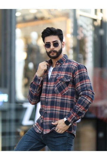 Men's Tile Navy Blue Striped Double Pocket Lumberjack Shirt