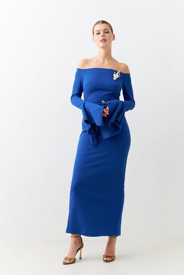 Blue Maxi Dress with Shoulder and Sleeve Detail