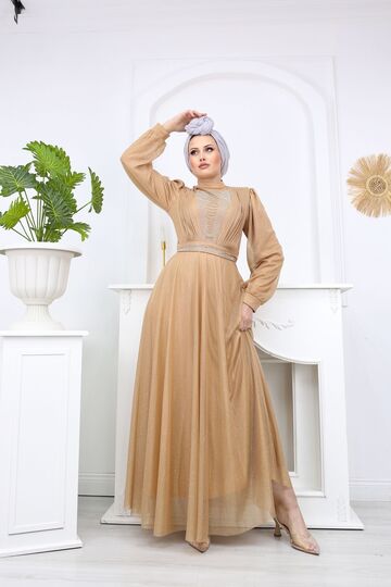 Elegant Stone Detailed Hijab Special Occasion Evening Dress