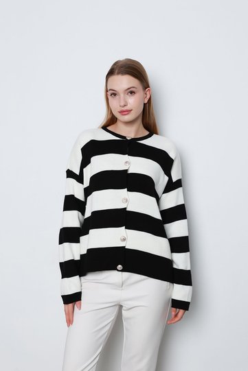 Metal Buttoned Striped Cardigan Black