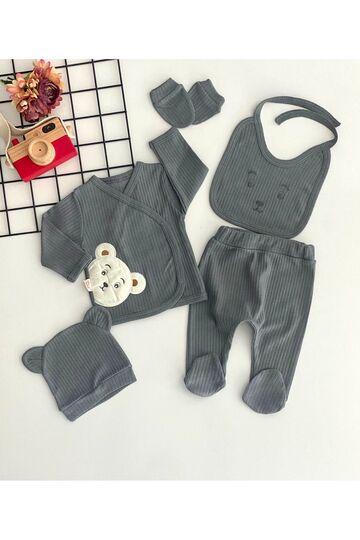 Cheerful Babies Organic Fabric Teddy Bear Embroidered Pattern 5 Piece Hospital Discharge Set Gray