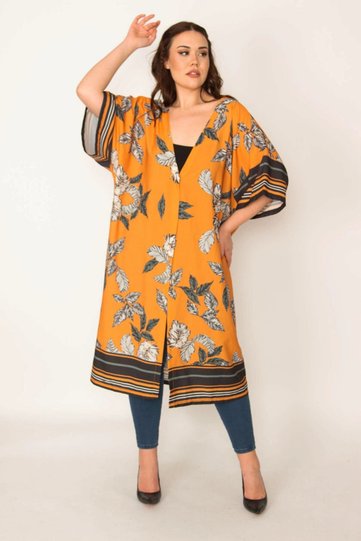 Women's Large Size Orange Patterned Satin Cape 65n28893