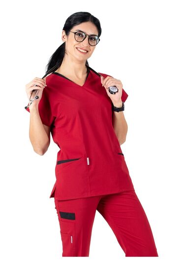 Twin Flex Red Stretch Fabric Thin Doctor Scrubs And Nurse Scrubs Set