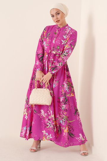 2144 Mandarin Collar Modest Dress - Dark Pink