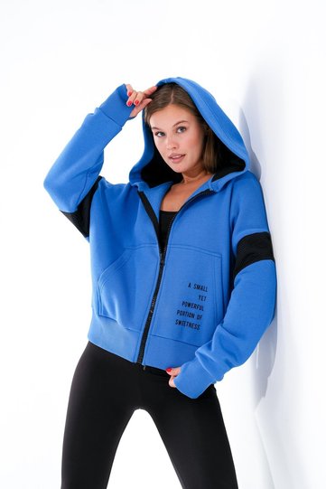 724604_Women's Zippered Hooded Oversize Sweatshirt - Finger Slit Detail, College Style, Sporty