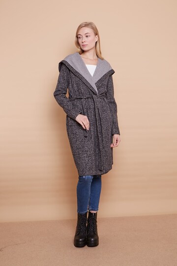 Winter Wool Jacquard Hooded Long Sleeve Wrap Double Breasted Lace-Up Cardigan Coat -Black Diyogonel
