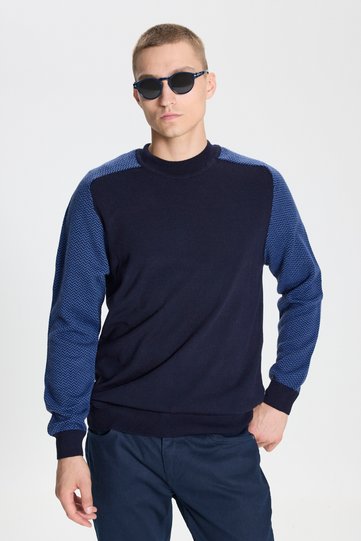 Men's Navy Blue Standard Fit Regular Cut Half Turtleneck Jacquard Knitwear Sweater