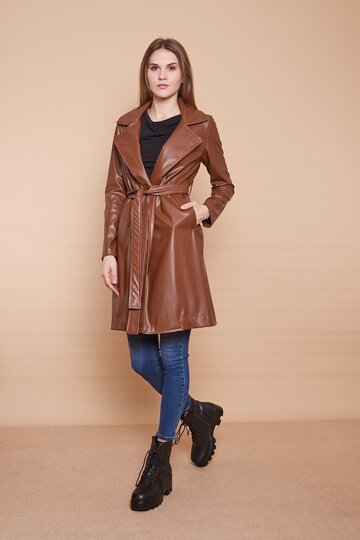 Belted Ecological Faux Leather Long Below Knee Sports Jacket Trench Coat-Tan