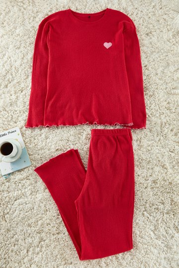 Red Corded Heart Embroidered Knitted Pajamas Set Tbbaw25Ai00081