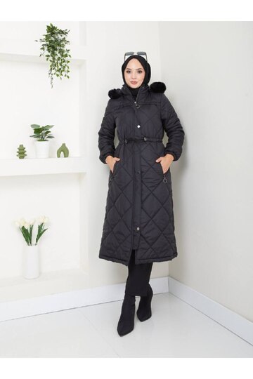 Women's Plus-Size Lining Waist Lace-Up Hooded Side Pocket Zipper Quilted Coat