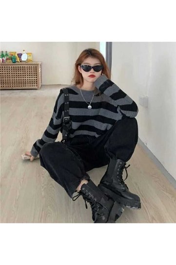 Black Gray Striped Crew Neck Crop Women's Knitwear Sweater