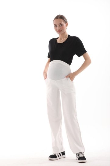 Pregnant flexible belly band adjustable waist wide leg gabardine trousers white