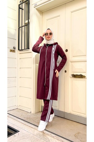 Zippered Hooded Long Tunic Trousers Double Hijab Tracksuit Set - 03077.020 - Plum