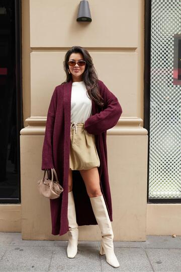 Burgundy Shawl Collar Long Cardigan
