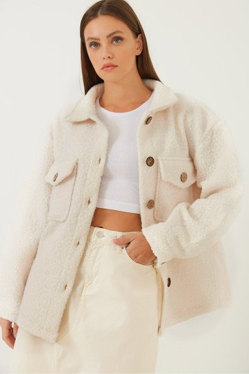 Women's White Double Pocket Wrinkled Fabric Jacket 4636 85001001