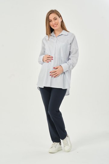 Pregnant Front Pocket Striped Classic Shirt White