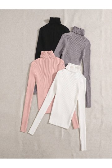 Unisex 4-Pack Black White Beige Pink Cotton Turtleneck Camisole Ribbed High-Neck Sweater