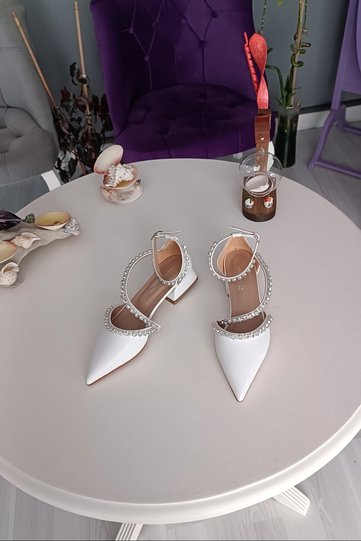 White Leather Three Rows of Stones 2.5 cm Heeled Ballerina Evening Dress Women's Shoes