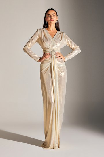 JANETTA DORE SHIGHTING BODY-WRAPPING STONE BELTED LONG SLEEVE EVENING DRESS