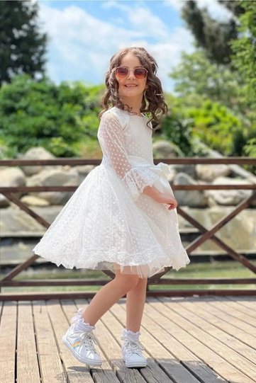 Girls Dress Princess Model Polka Dot Lace Buckled Holiday White Color Girls Dress