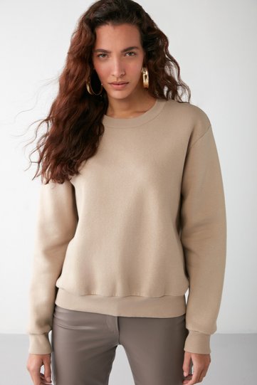 Vaneltına Women's Fleece Lined 3 Thread Organic Cotton Oversize Basic Crew Neck Mink Sweatshirt