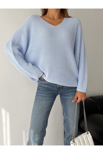 Women's Sky Blue V-Neck Thessaloniki Knit Oversize Knitwear Sweater