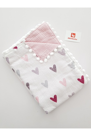 Hearted Muslin Pique Double Layer Baby Blanket 85X90