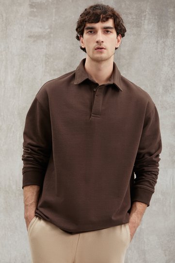 John Men's Polo Sweat Shirt Collar Long Slit on the Back Diagonal Fabric Dark Brown Sweatshir
