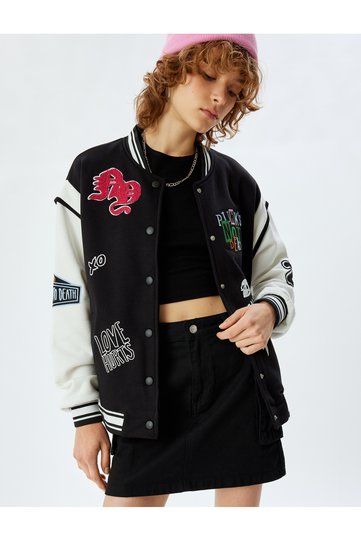 Oversize College Jacket with Bomber Collar Embroidered Snap Button Color Block Pocket